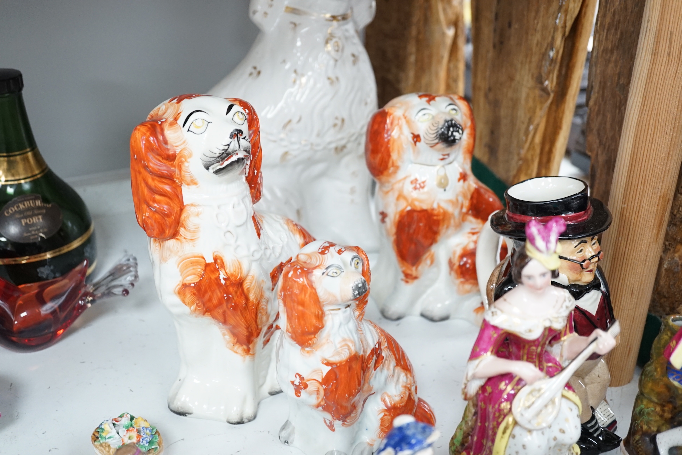 19th century and later porcelain and ceramics including Staffordshire comforter spaniels, Doulton Toby jugs, Coalport dish and Limoges enamel vase